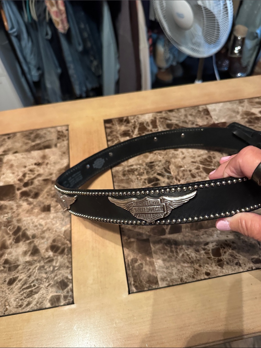 Harley-Davidson Black Leather Men's Studded Belt with Silver Emblems